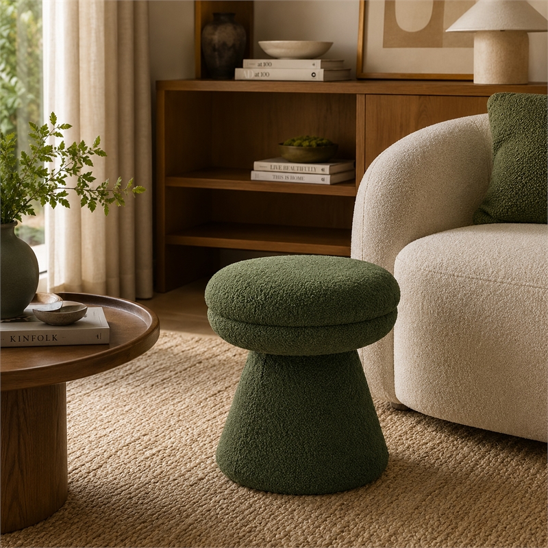 Xyna Mushroom-shaped Ottoman Stool with Pedestal Base- Green Fabric