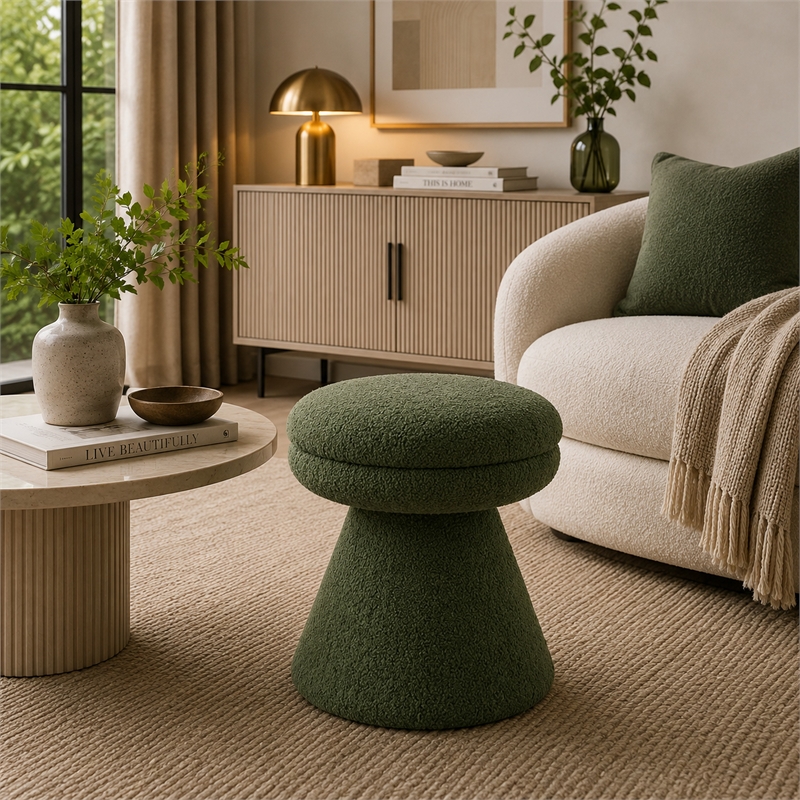 Xyna Mushroom-shaped Ottoman Stool with Pedestal Base- Green Fabric