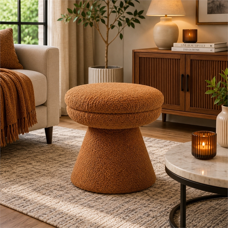 Xyna Mushroom-shaped Ottoman Stool- Pedestal Base- Saddle Brown Fabric