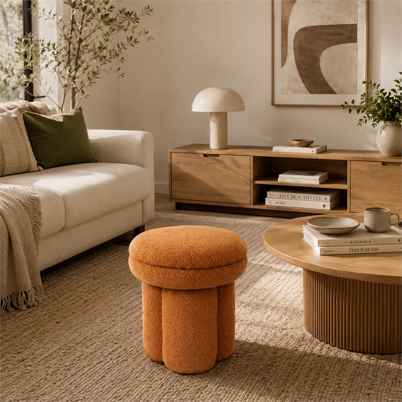 Ian Ottoman Stool- Mushroom-like Design- Pedestal Base- Brown Fabric