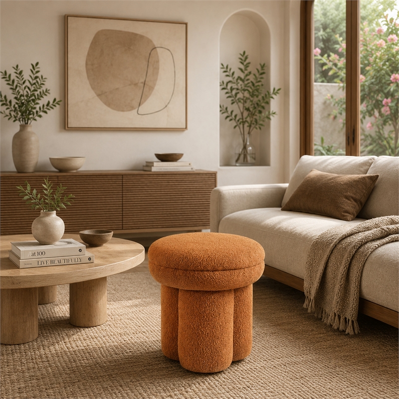 Ian Ottoman Stool- Mushroom-like Design- Pedestal Base- Brown Fabric
