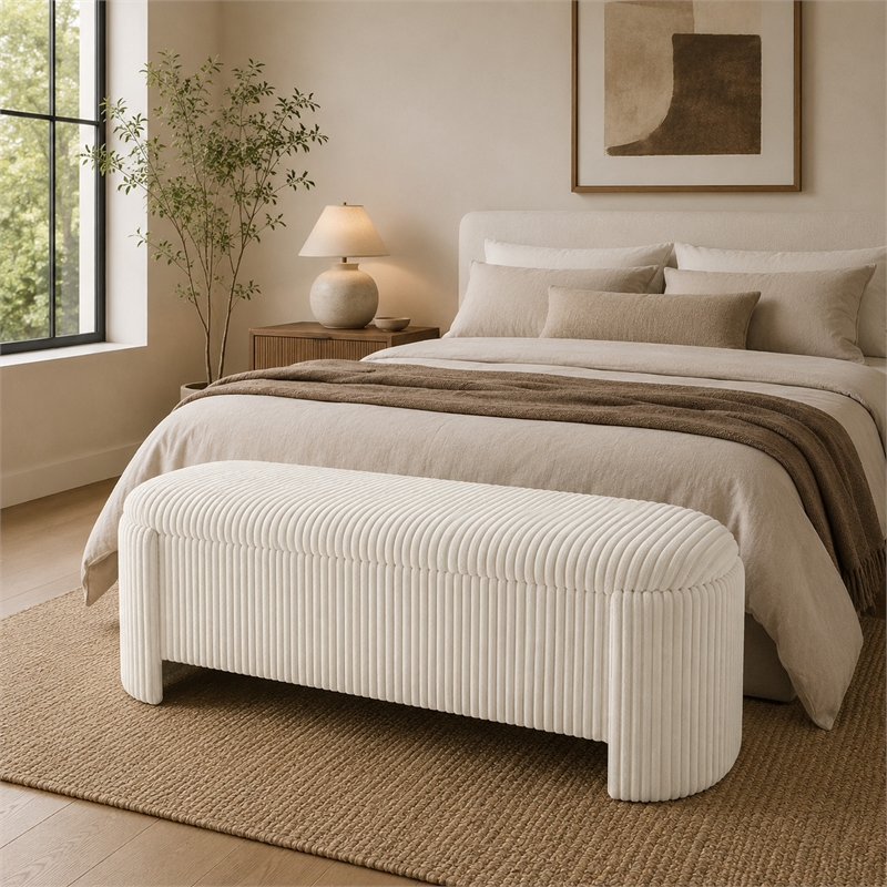 Greta Storage Bench with Ribbed Design- Hidden Storage- White Corduroy