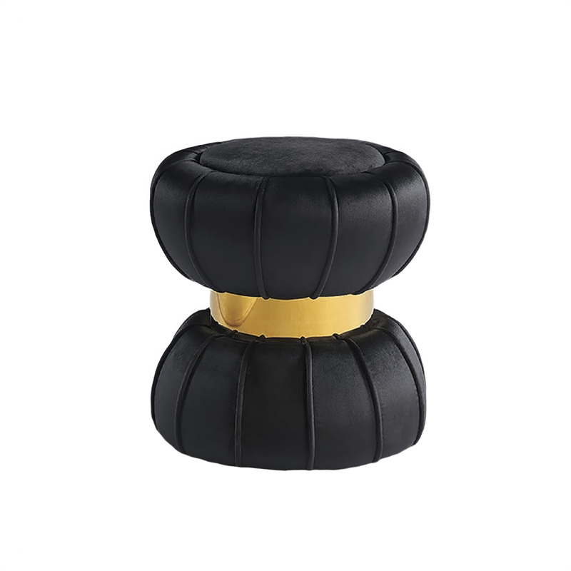 Penny Ottoman Stool with Gold Metal Trim- Bow-Tie Spool- Black Velvet