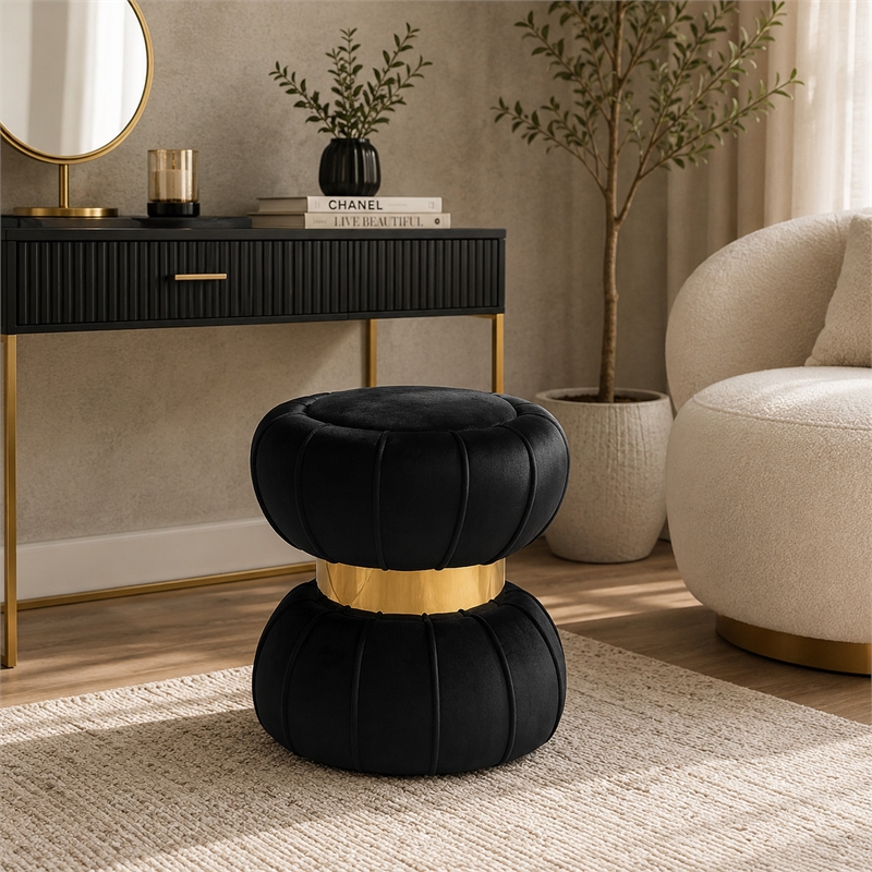 Penny Ottoman Stool with Gold Metal Trim- Bow-Tie Spool- Black Velvet