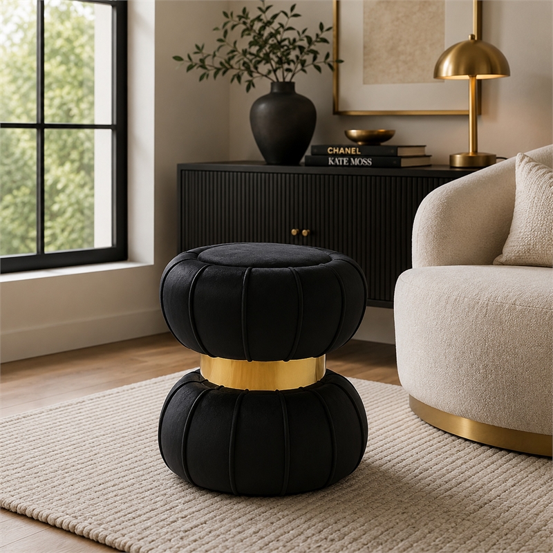 Penny Ottoman Stool with Gold Metal Trim- Bow-Tie Spool- Black Velvet