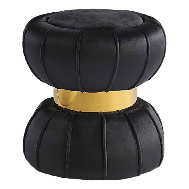 Penny Ottoman Stool with Gold Metal Trim- Bow-Tie Spool- Black Velvet