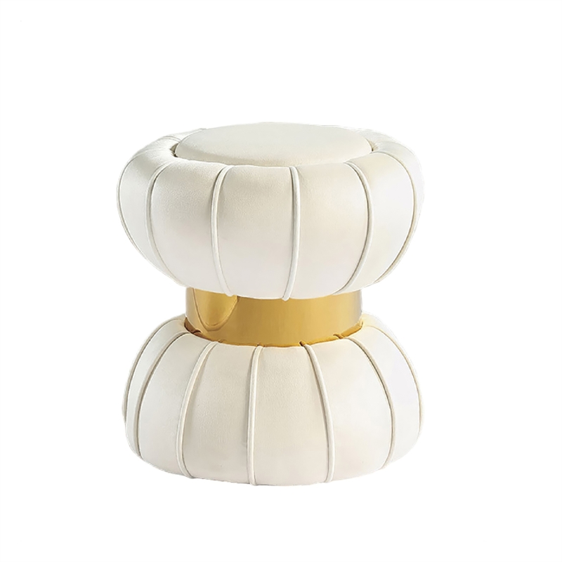 Penny Ottoman Stool with Gold Metal Trim- Bow-Tie Design- White Velvet