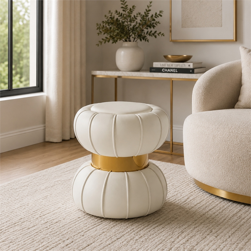 Penny Ottoman Stool with Gold Metal Trim- Bow-Tie Design- White Velvet