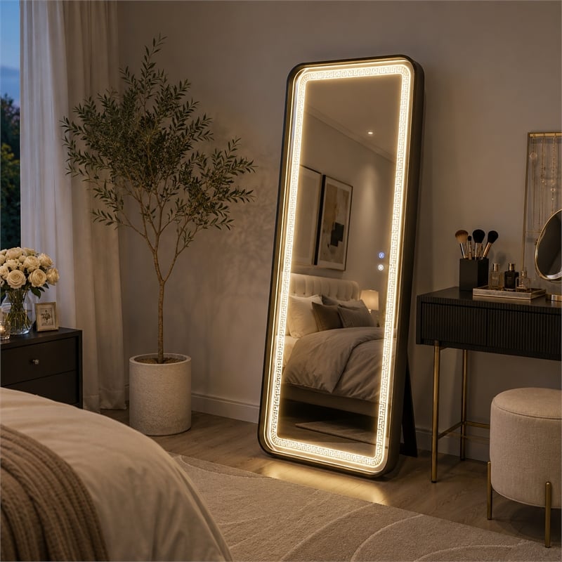 Madie Floor Mirror with LED Lights- Bluetooth Speaker- Black Metal 32x71