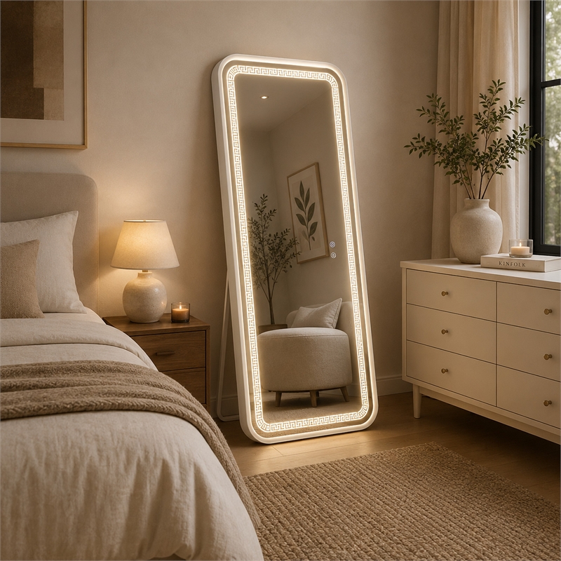 Madie Floor Mirror with LED Lights- Bluetooth Speaker- White Metal 32x71