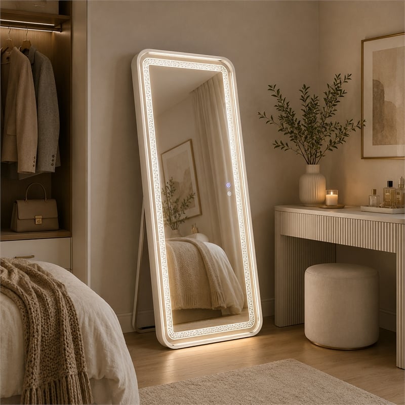 Madie Floor Mirror with LED Lights- Bluetooth Speaker- White Metal 32x71