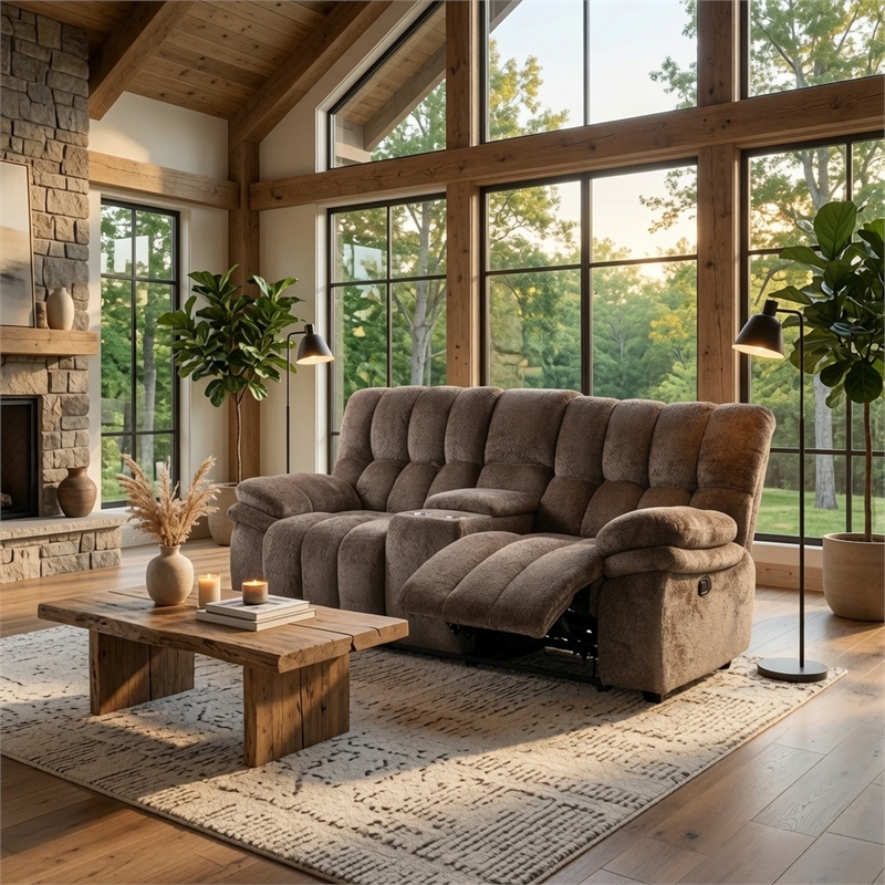 Heya Manual Recliner Loveseat w Console- Pillow Tufted Dark Brown- 81 Inch