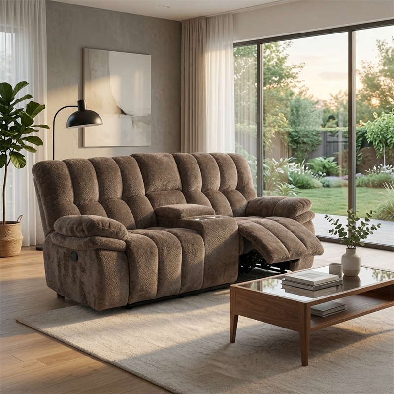 Heya Manual Recliner Loveseat w Console- Pillow Tufted Dark Brown- 81 Inch