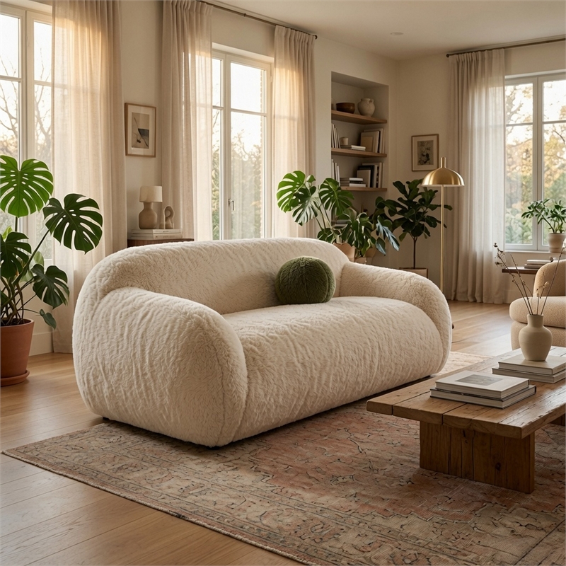 Dera Modern Loveseat- Olive Green Pillow- Sand Beige Faux Fur- 67 Inch