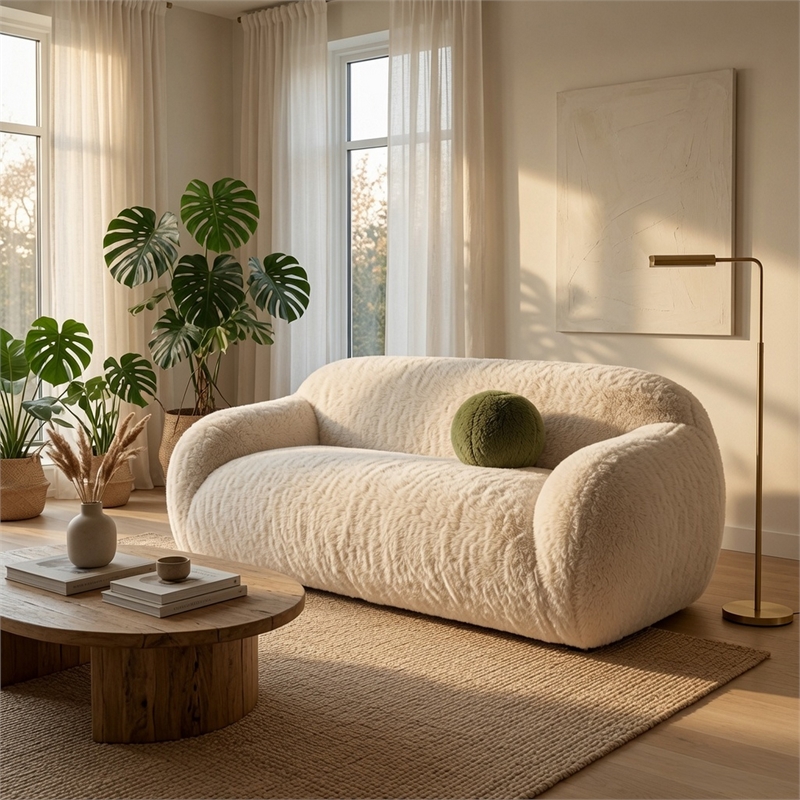 Dera Modern Loveseat- Olive Green Pillow- Sand Beige Faux Fur- 67 Inch