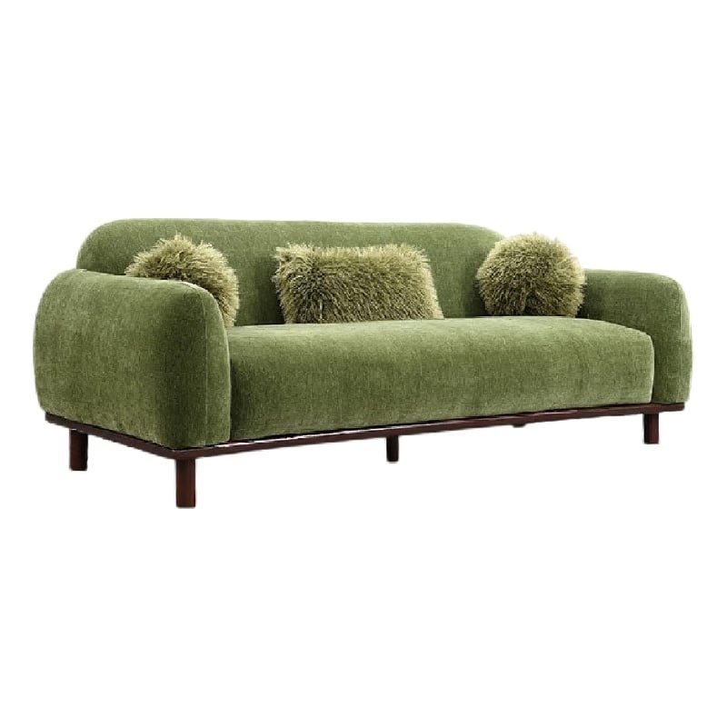 Dea Bench Sofa- 3 Faux Fur Accent Pillows- Olive Green Chenille- 84 Inch