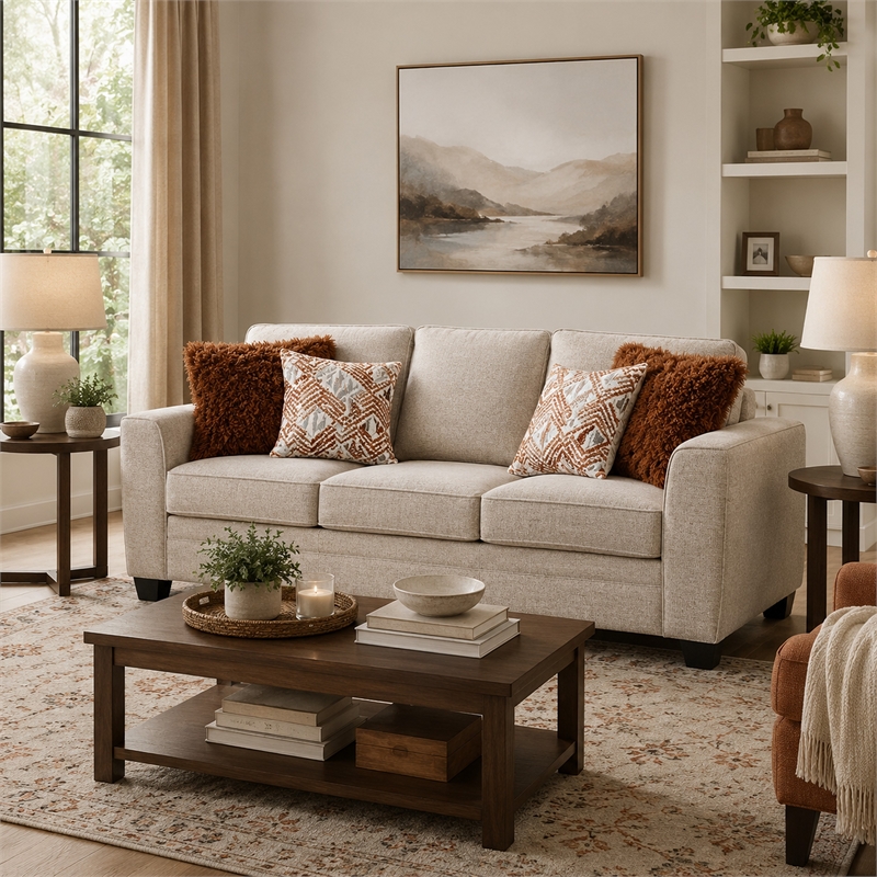 Eny Sofa with 4 Pillows- Taupe Brown Chenille- Black Legs- 84 Inch