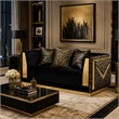 Dero Loveseat- 3 Pillows- Black Velvet- Gold Zebra Print Panels- 66 Inch