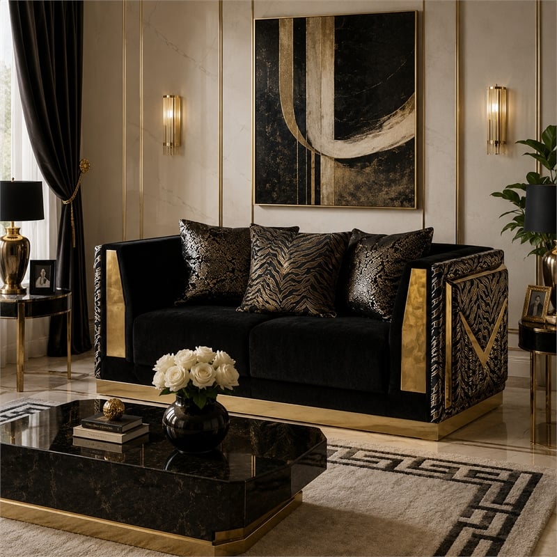 Dero Loveseat- 3 Pillows- Black Velvet- Gold Zebra Print Panels- 66 Inch