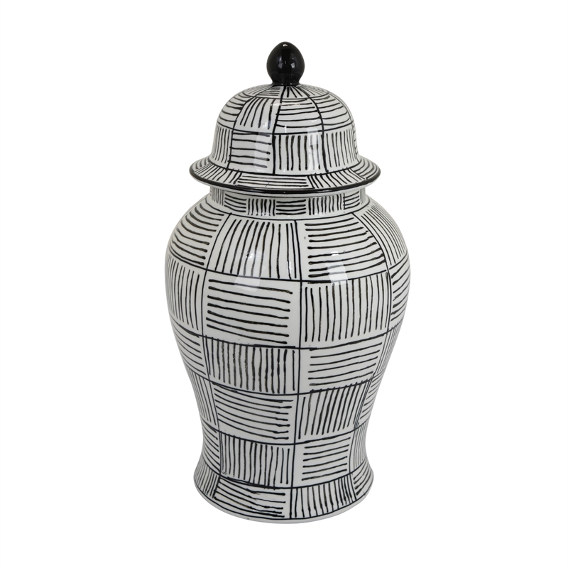 Loi Temple Jar with Lid- Black White Grid Pattern Ceramic- 17 Inch Decor