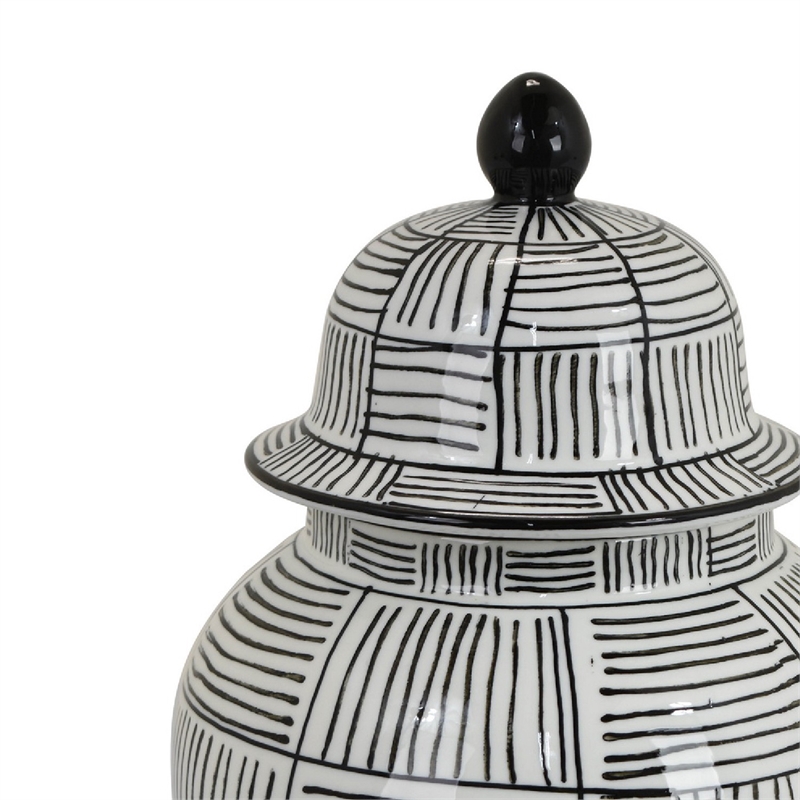Loi Temple Jar with Lid- Black White Grid Pattern Ceramic- 17 Inch Decor