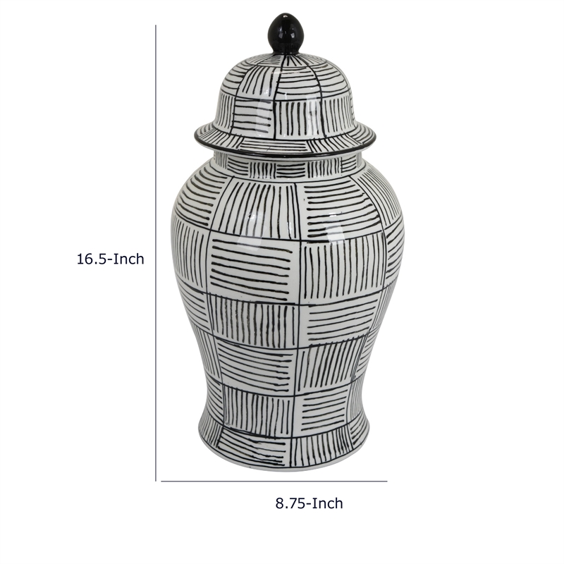 Loi Temple Jar with Lid- Black White Grid Pattern Ceramic- 17 Inch Decor