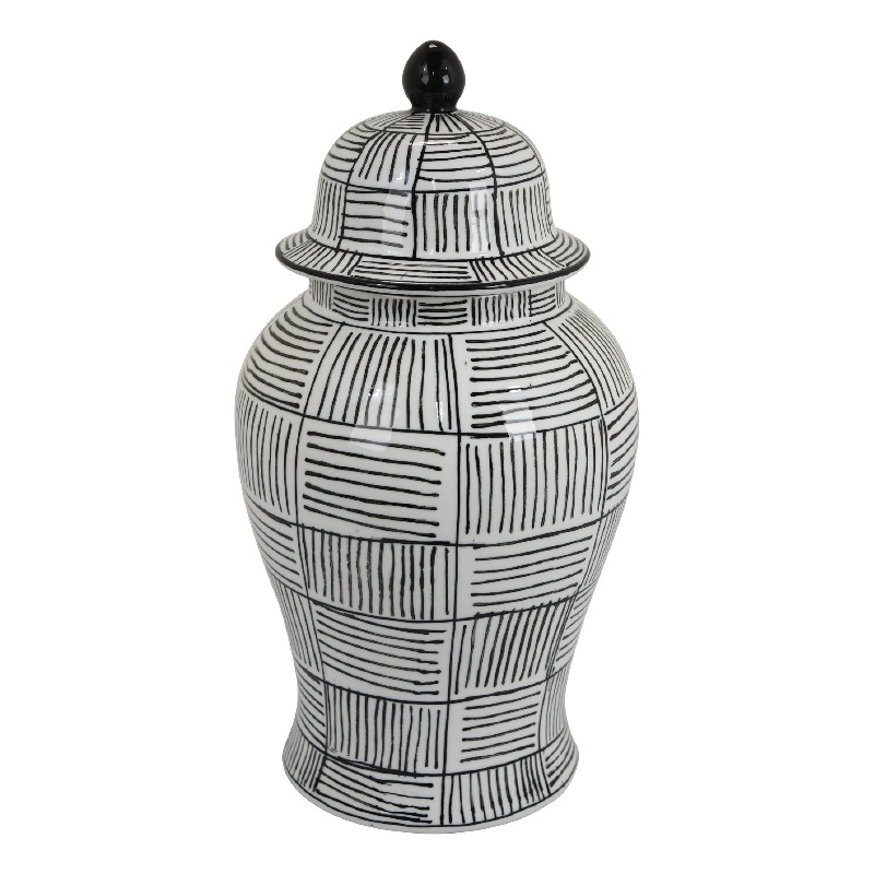 Loi Temple Jar with Lid- Black White Grid Pattern Ceramic- 17 Inch Decor
