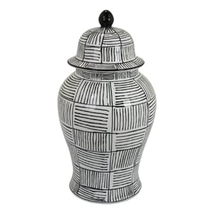 Loi Temple Jar with Lid- Black White Grid Pattern Ceramic- 17 Inch Decor