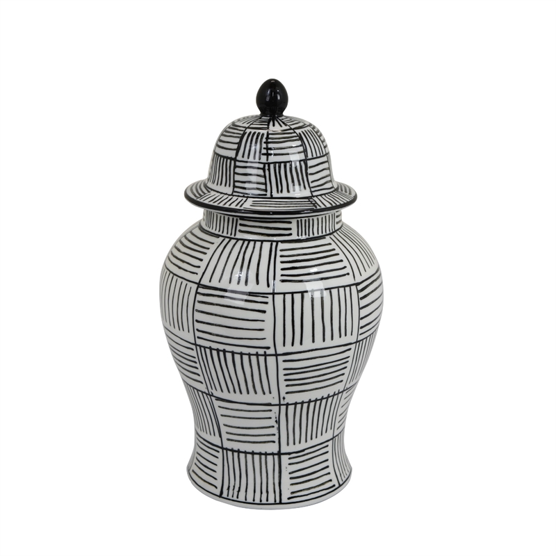 Loi Temple Jar with Lid- Black White Grid Pattern Ceramic- 13 Inch Decor