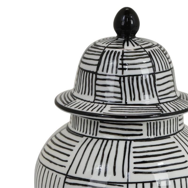 Loi Temple Jar with Lid- Black White Grid Pattern Ceramic- 13 Inch Decor