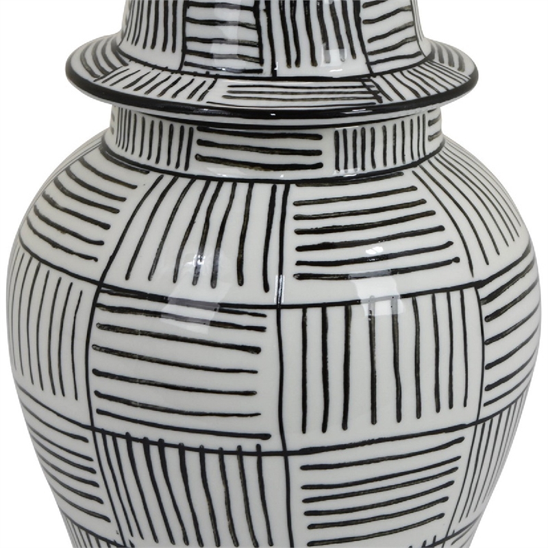 Loi Temple Jar with Lid- Black White Grid Pattern Ceramic- 13 Inch Decor