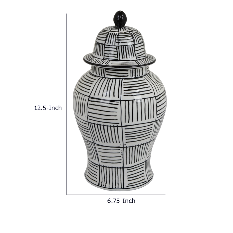 Loi Temple Jar with Lid- Black White Grid Pattern Ceramic- 13 Inch Decor