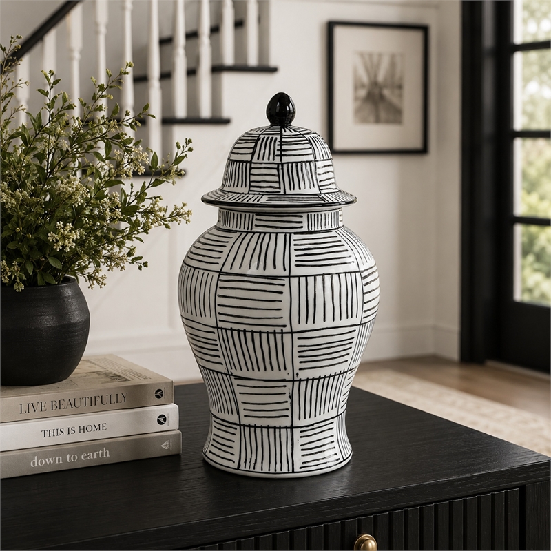 Loi Temple Jar with Lid- Black White Grid Pattern Ceramic- 13 Inch Decor