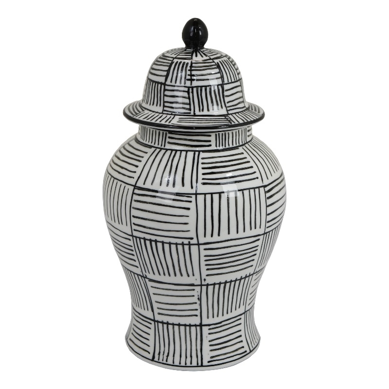 Loi Temple Jar with Lid- Black White Grid Pattern Ceramic- 13 Inch Decor