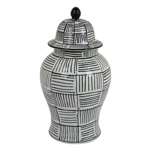Loi Temple Jar with Lid- Black White Grid Pattern Ceramic- 13 Inch Decor