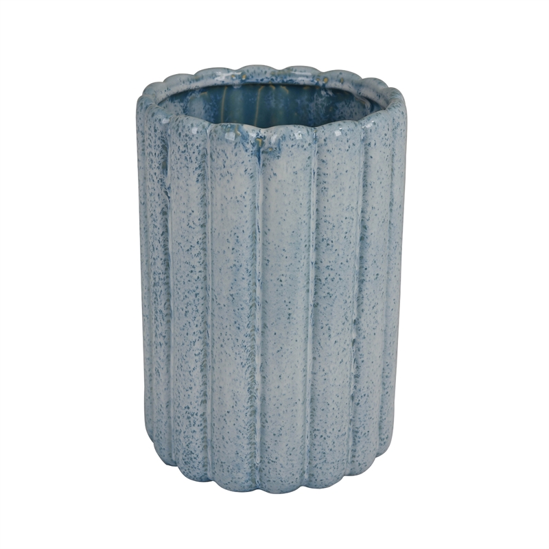 Scalloped Planter- Cylindrical Shape- Speckled Blue Ceramic 11 Inch