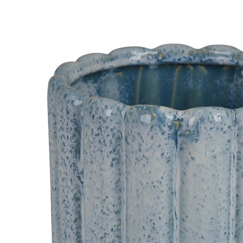 Scalloped Planter- Cylindrical Shape- Speckled Blue Ceramic 11 Inch