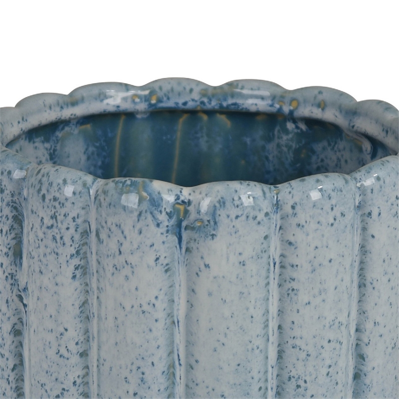Scalloped Planter- Cylindrical Shape- Speckled Blue Ceramic 11 Inch