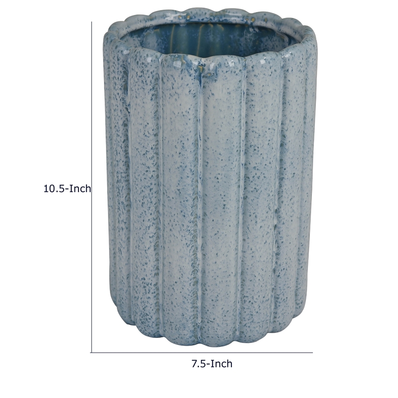 Scalloped Planter- Cylindrical Shape- Speckled Blue Ceramic 11 Inch