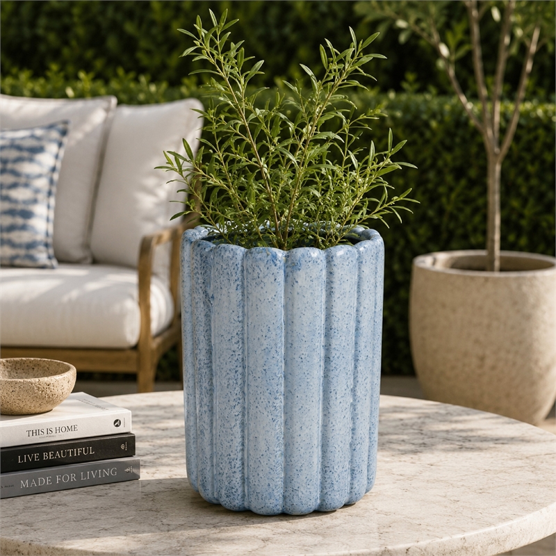 Scalloped Planter- Cylindrical Shape- Speckled Blue Ceramic 11 Inch
