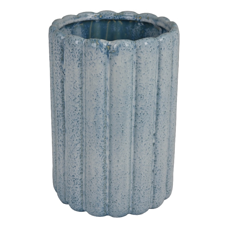 Scalloped Planter- Cylindrical Shape- Speckled Blue Ceramic 11 Inch