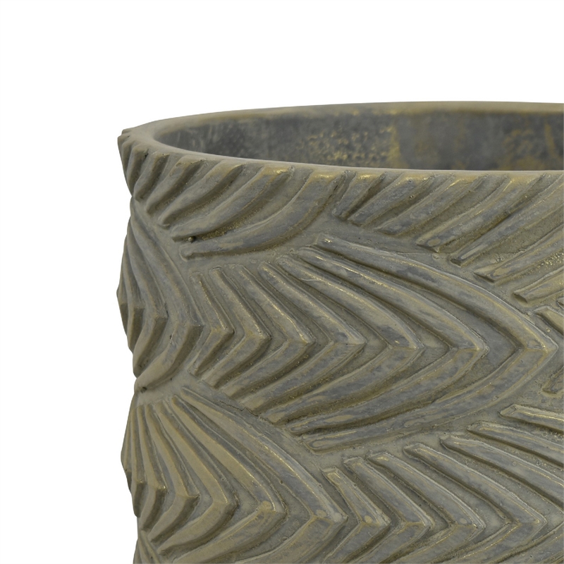 Cylindrical Planter- Raised Feather Motifs- Gray and Gold Terracotta 7 Inch