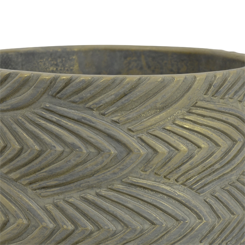 Cylindrical Planter- Raised Feather Motifs- Gray and Gold Terracotta 7 Inch
