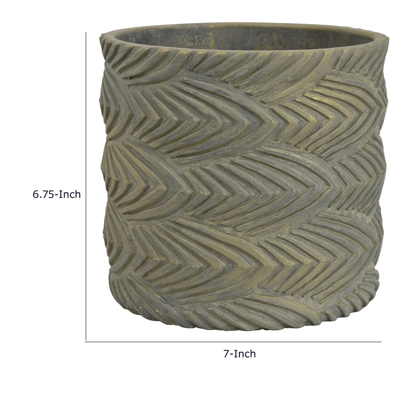 Cylindrical Planter- Raised Feather Motifs- Gray and Gold Terracotta 7 Inch