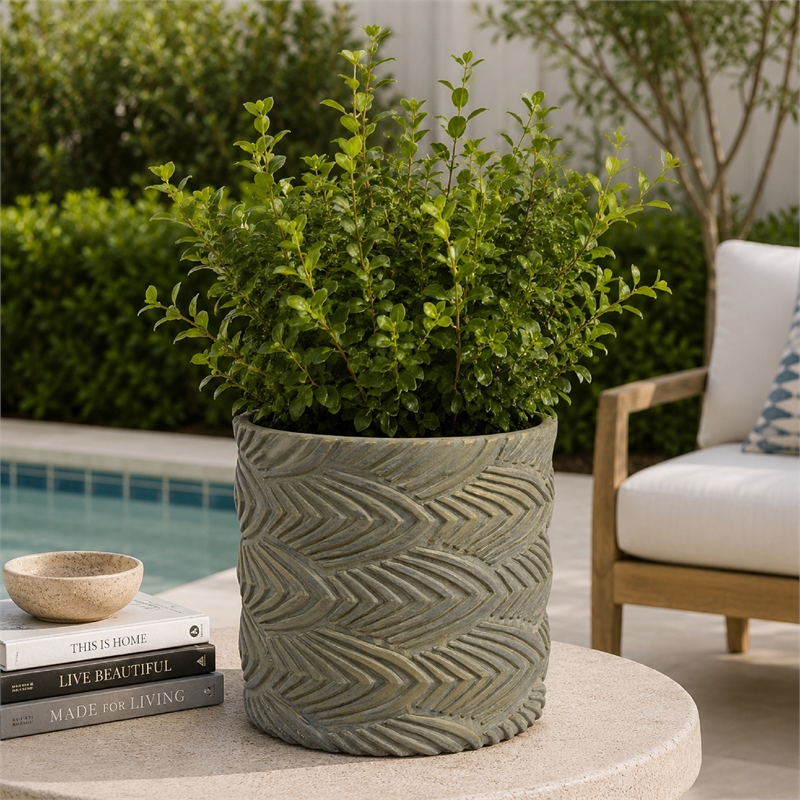 Cylindrical Planter- Raised Feather Motifs- Gray and Gold Terracotta 7 Inch