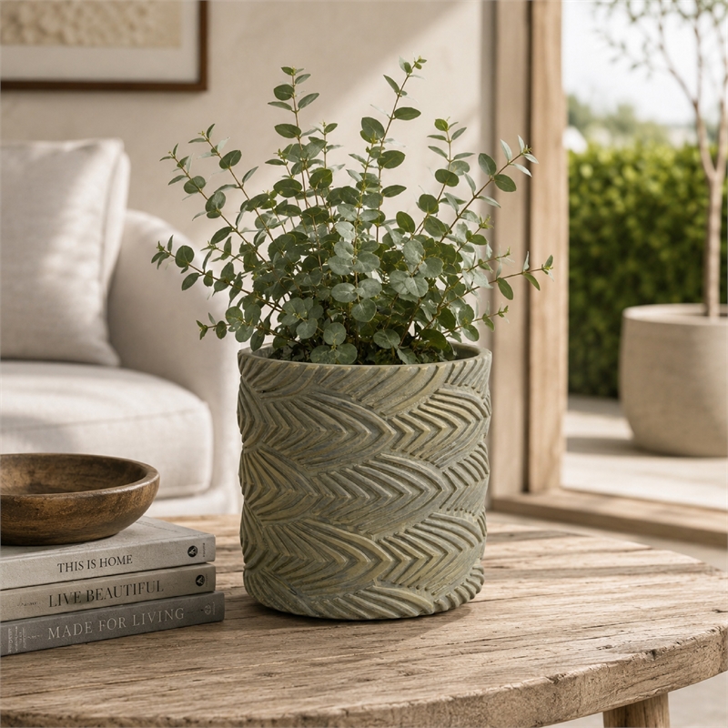 Cylindrical Planter- Raised Feather Motifs- Gray and Gold Terracotta 7 Inch