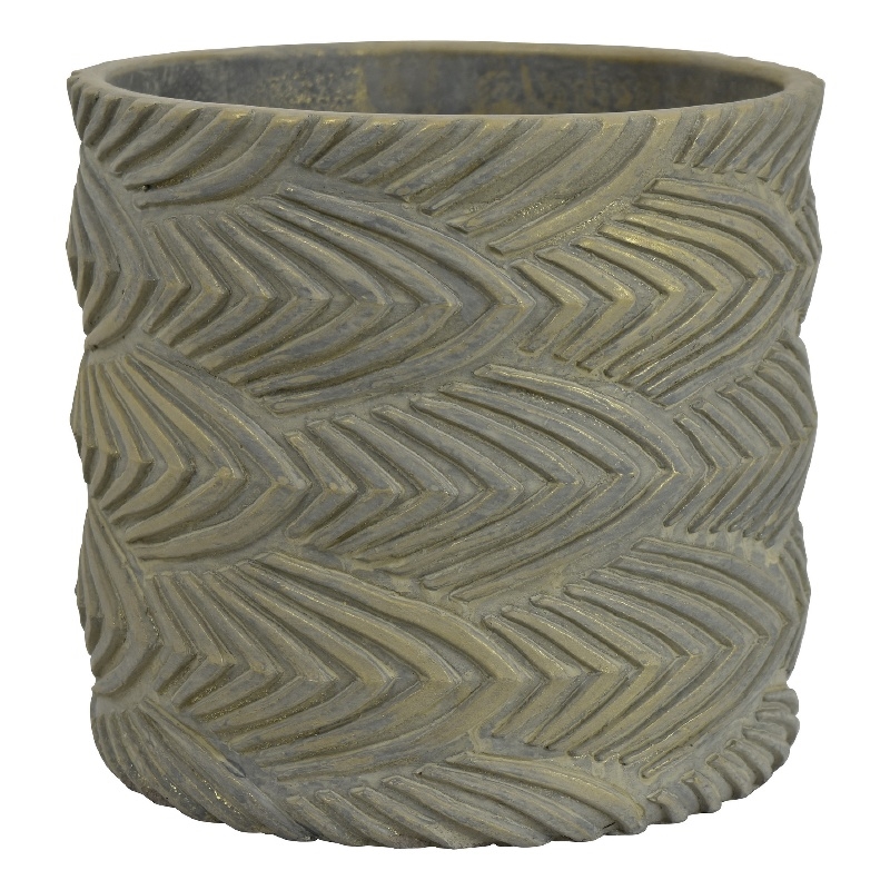 Cylindrical Planter- Raised Feather Motifs- Gray and Gold Terracotta 7 Inch