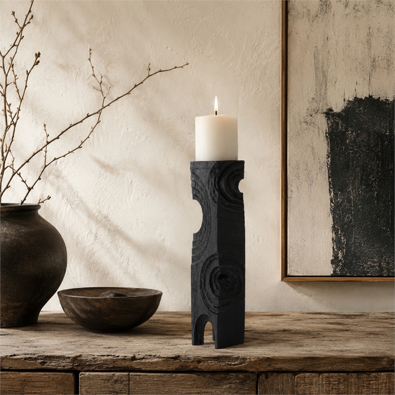 Tabletop Decor- Pillar Candle Stand- Geometric Cutouts- Black Resin 21 Inch