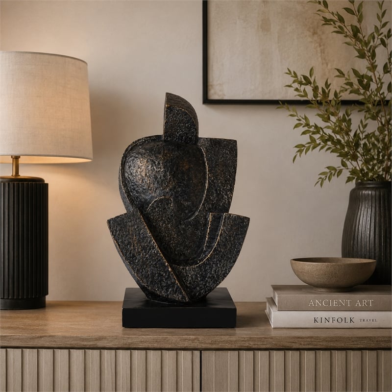 Tabletop Decor- Cubist Style Sculpture w Base- Dark Gray Resin 11 Inch