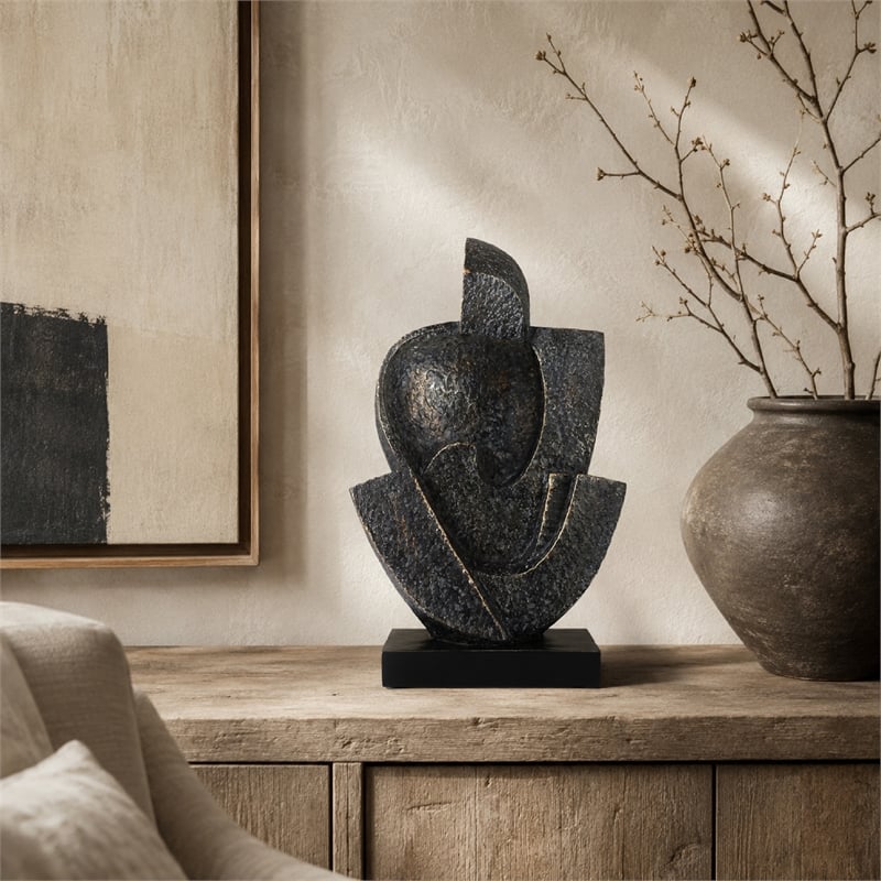Tabletop Decor- Cubist Style Sculpture w Base- Dark Gray Resin 11 Inch
